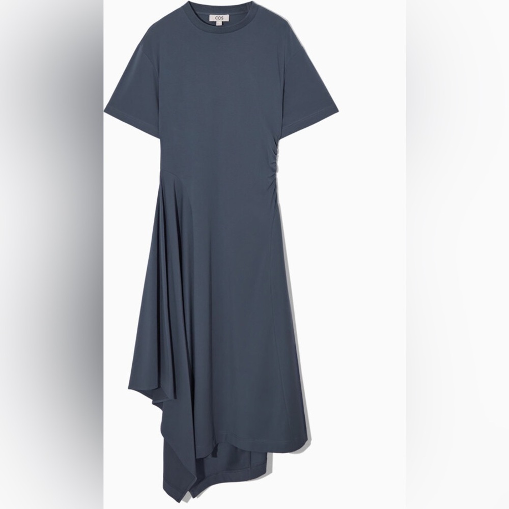 COS Steel Blue Asymmetric Flow Ruched Stretch Cotton Jersey T-Shirt Midi Dress L - Picture 4 of 13